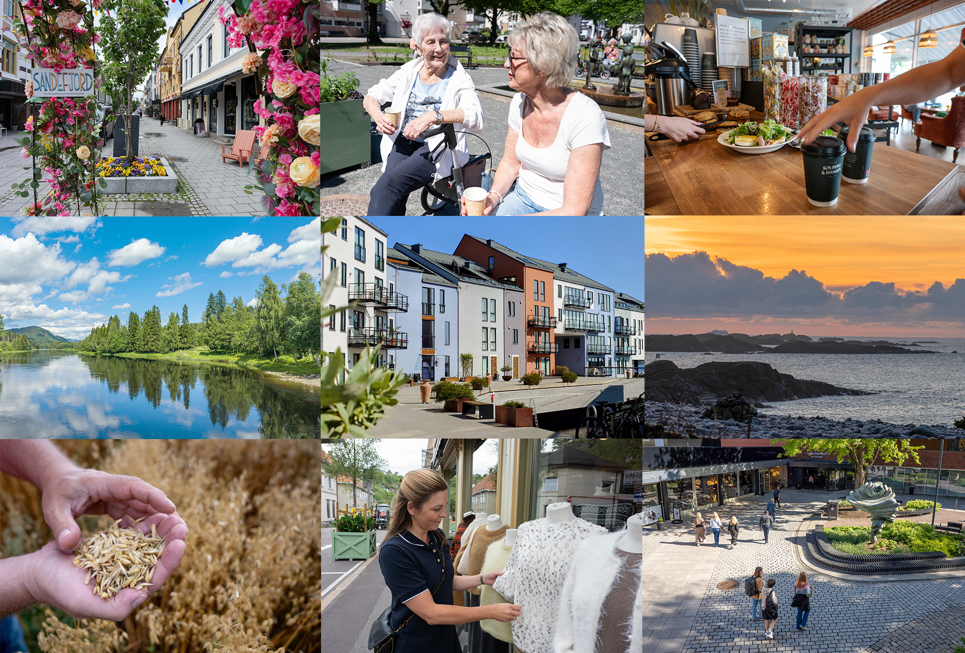 Bildecollage som viser mange ulike sider av et attraktivt Vestfold. Kongens gate i Sandefjord med blomster en fin sommerdag, en mor og datter som drikker kaffe på generasjonsmøteplassen i samme by, kafébilde av hender som plukker opp kaffe på en kafé, elv og skog med klart stille vann, fine farga hus på Agnes brygge i Stavern, Mølen i Larvik i solnedgang, hender som holder innhøstingsklart korn, dame som ser på klær på gata i Holmestrand, og Carl E Paulsens plass utenfor Farmandstredet i Tønsberg. Sistnevnte ble i 2025 forvandlet fra et grått trafikk- og knutepunkt til en frodig og populært byrom med grøntarealer, sitteplasser og kunstneriske elementer som en egen skulptur.