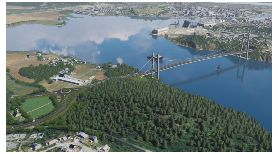 Illustrasjon med en tenkt bru over Vestfjorden sett fra Vear mot Tønsberg og Byfjorden