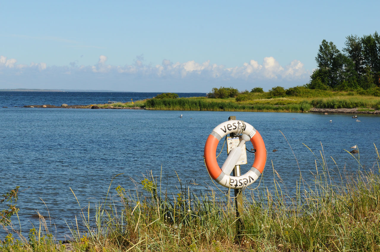 Fotografi av sjø og skjærgård om sommeren med badebøye i forgrunnen