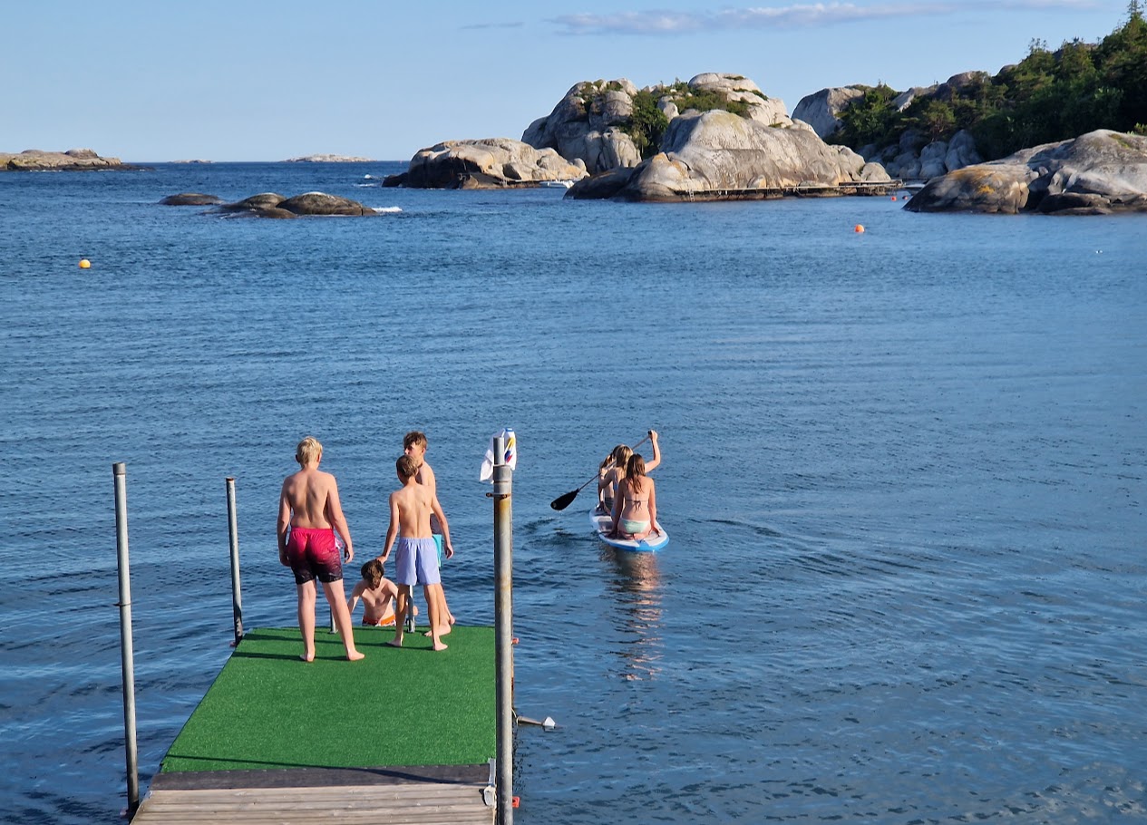 Barn som bader fra en brygge. Tre av dem padler på et SUP-brett.