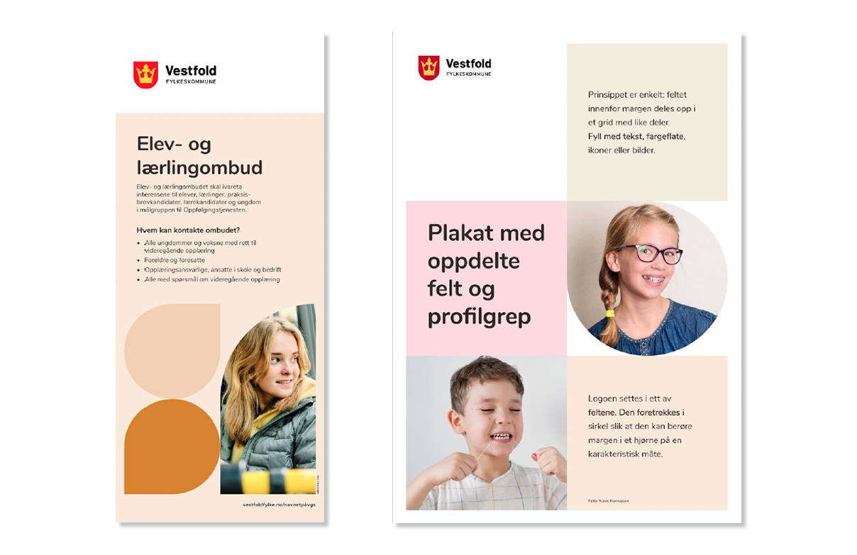 Skisser for oppsett av rollups og plakat i Telemark fylkeskommunes visuelle uttrykk.