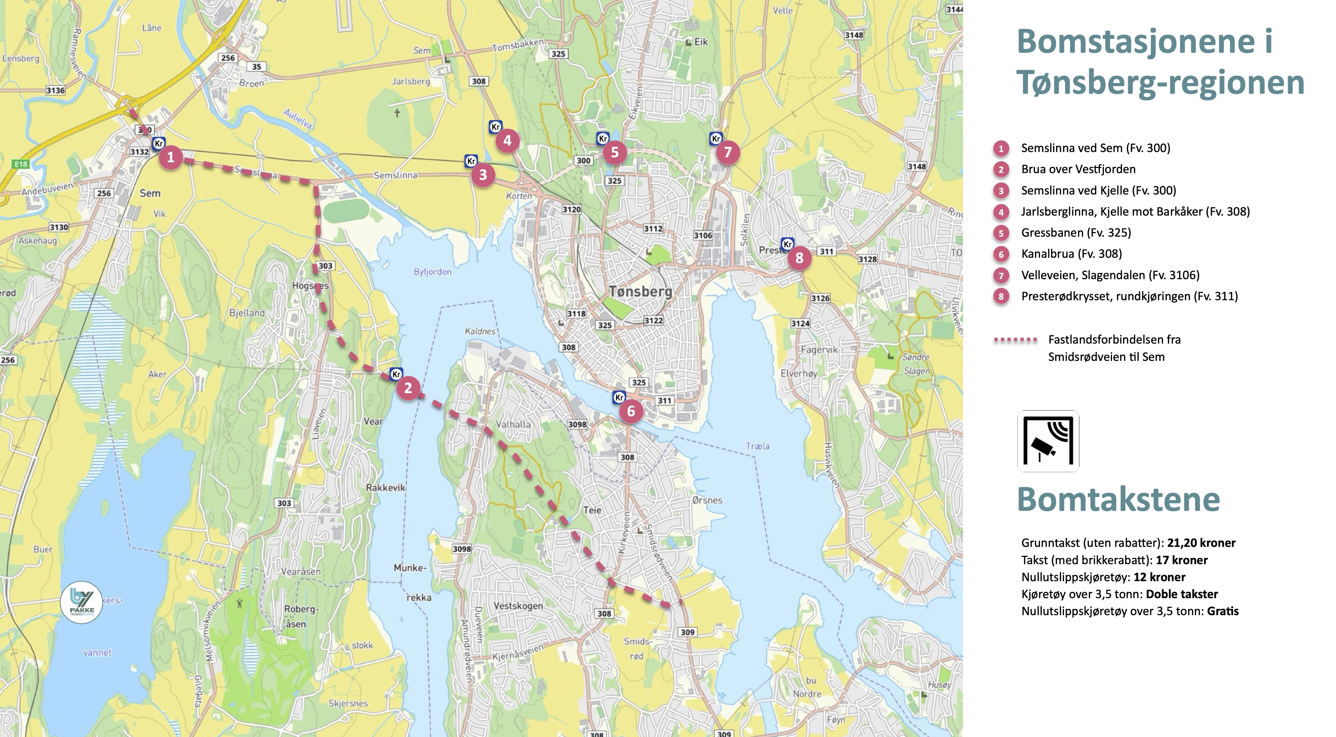 Kart med bomstasjonene i Bypakke Tønsberg-regionen merket med røde sirkler