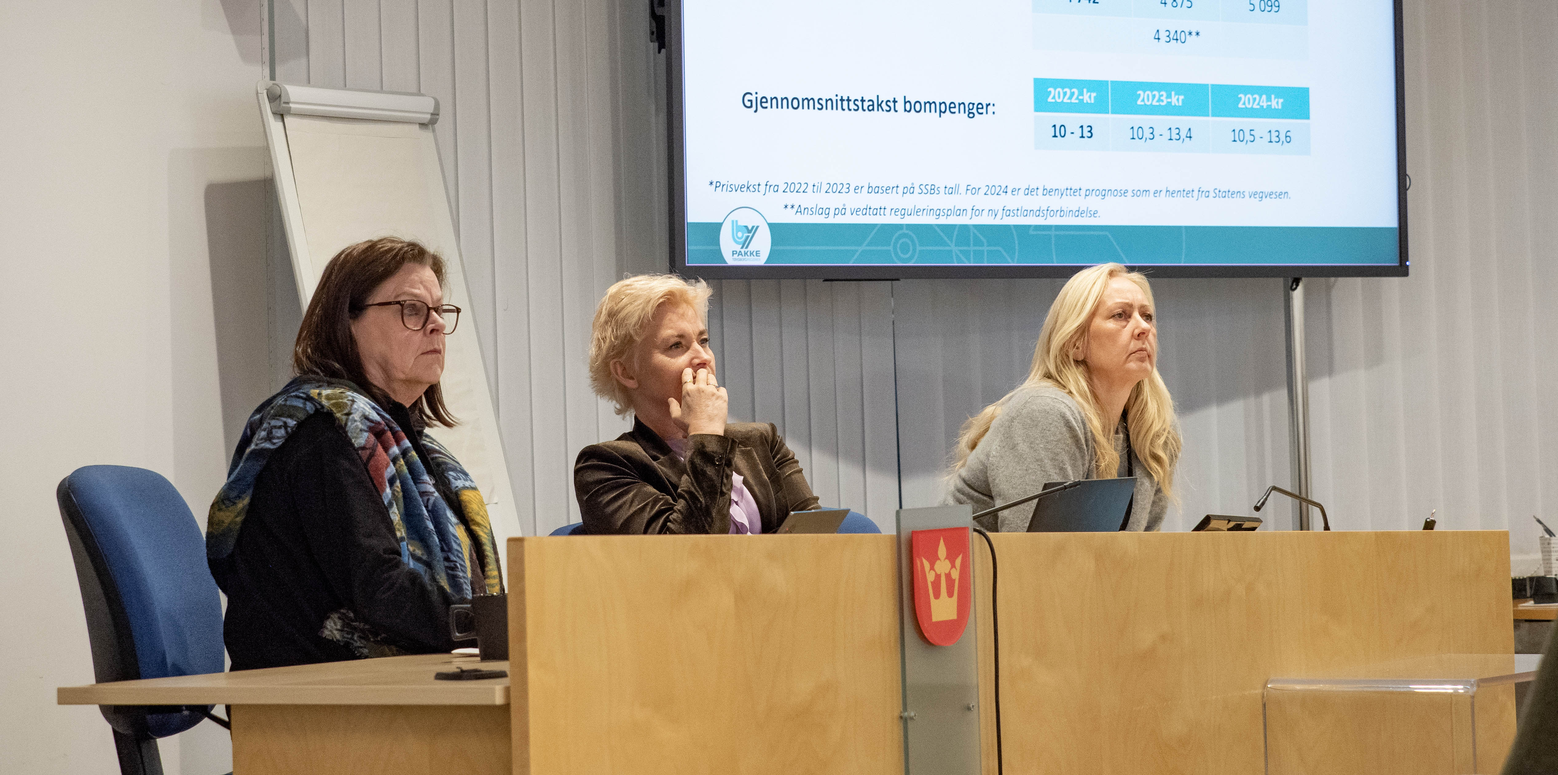Foto fra møte i Bypakke Tønsberg-regionens Overordnet styringsgruppe (OSG) 19. november 2024 med fylkesdirektør i Vestfold, Toril Eeg, fylkesordfører Anne Strømøy og prosjektsjef for Bypakke Tønsberg-regionen, Nina Knutsen