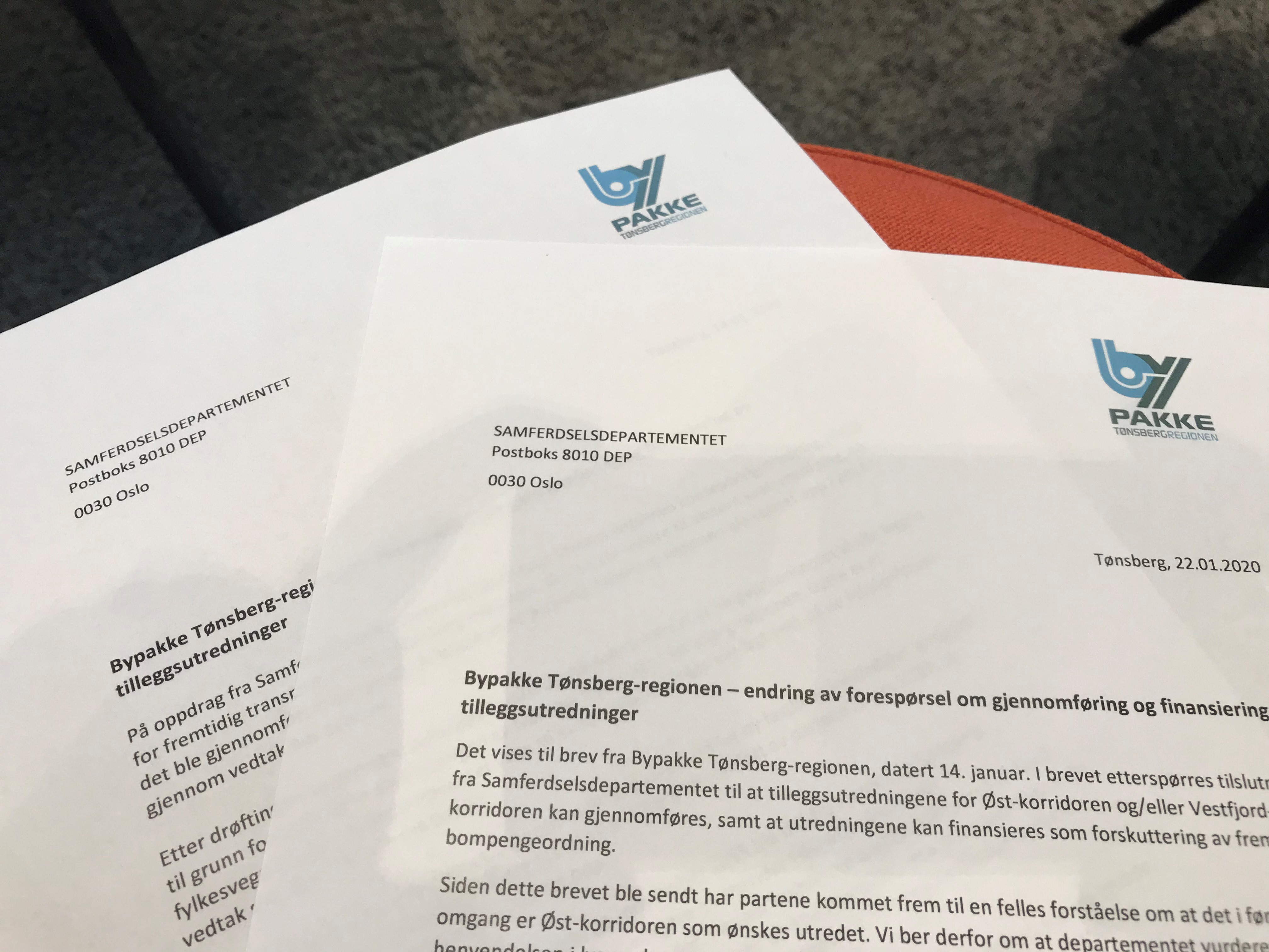 Bypakke Tønsberg-regionen har sendte to brev til Samferdselsdepartementet i januar med spørsmål om tilleggsutredninger om Øst-korridoren.