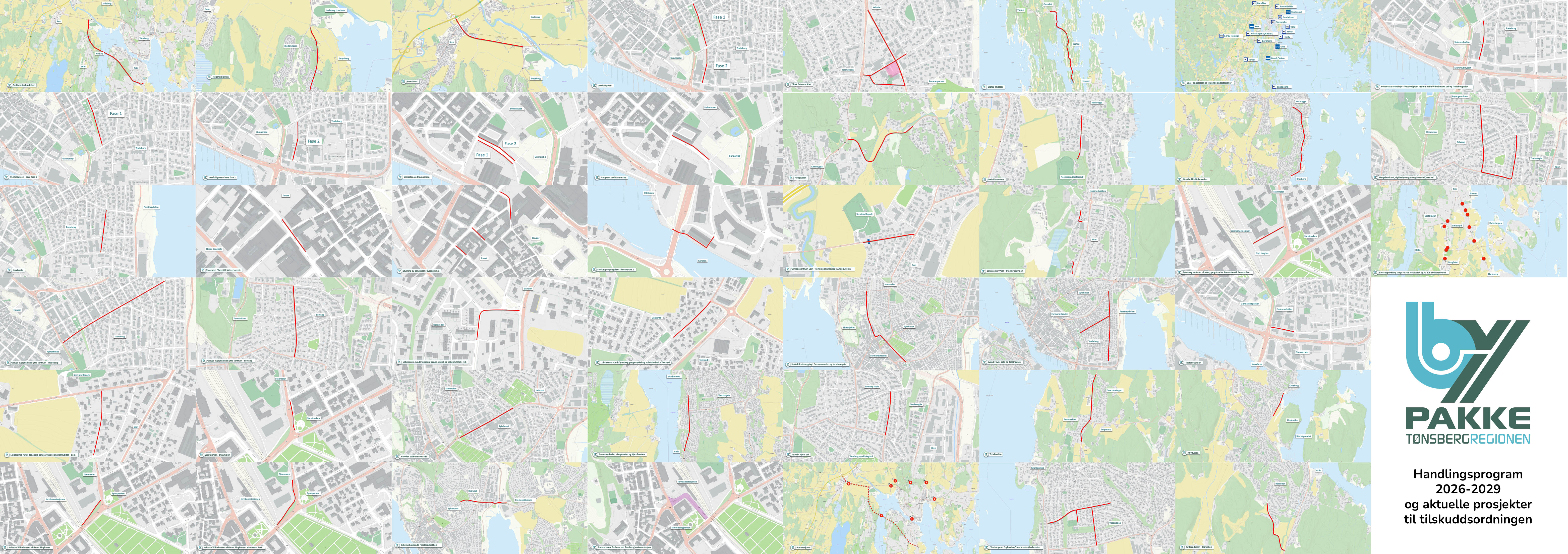 Illustrasjon med all prosjektene i bypakke tønsberg-regionens handlingsprogram for 2026-2029 og prosjekter i tilskuddsordningen
