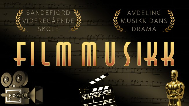 Logo til konserten med tittelen "filmmusikk" og illustrasjoner av filmkamera, sceneklipper og Oscarstatuett.