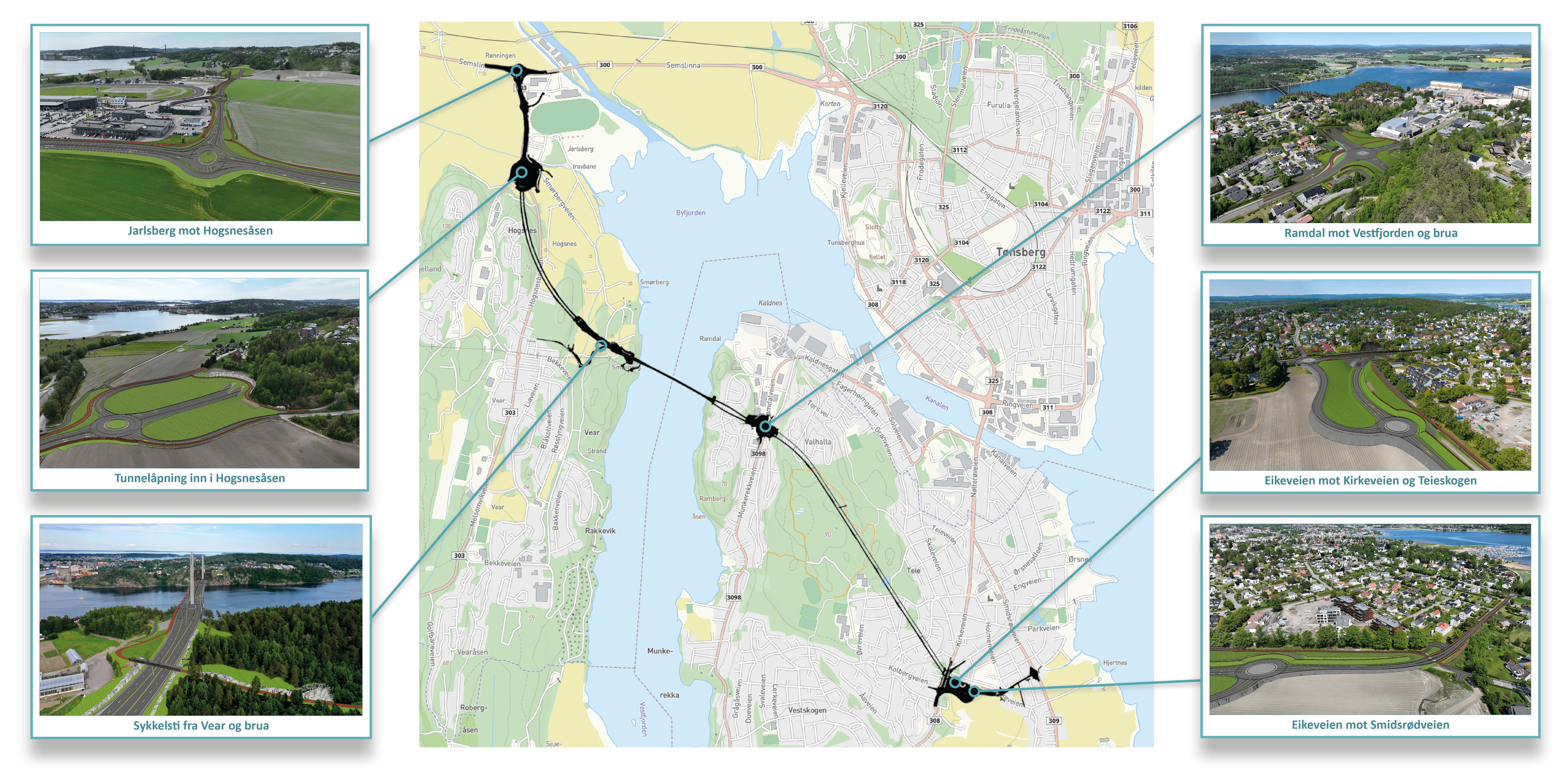 Illustrasjon som viser hele Fastlandsforbindelsen med tilhørende veiløsning på begge sider av brua. Mange andre delprosjektene som også er en del av Bypakka, er foreløpig ikke ferdig planlagt, og ikke merket inn i dette kartet. Skisser/illustrasjoner: Bypakke Tønsberg-regionen.