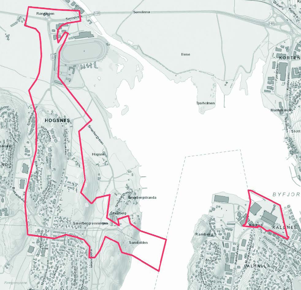 Kart med utsnitt av planområdet i forbindelse med oppstart av reguleringsplanarbeidet for «Ny fastlandsforbindelse fra Færder kommune», for den delen som berører Tønsberg kommune.