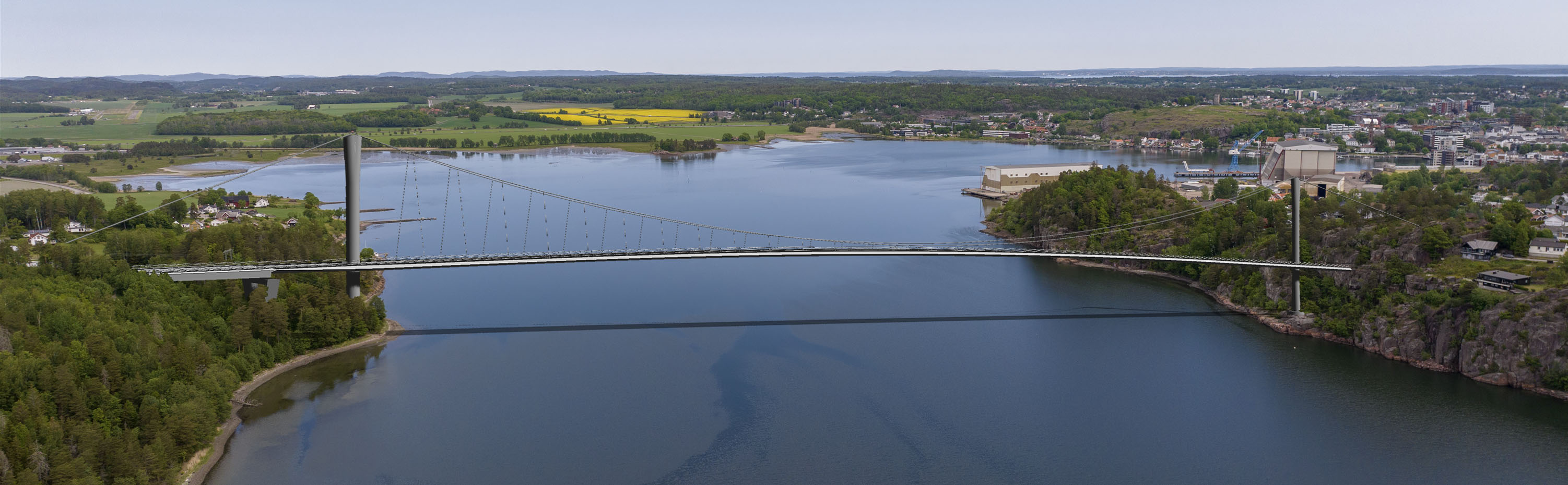Skisse av en tenkt bru og ny fastlandsforbindelse over Vestfjorden fra Ramberg til Smørberg
