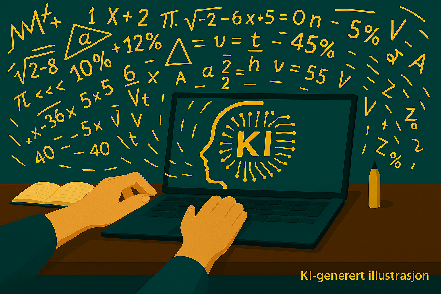 Illustrasjonen viser en dataskjerm med et hode hvor det står KI, med tråder rundt som indikerer teknologi. To hender skriver på PCen. I bakgrunnen er det et virvarr av tall og formler som kommer ut av KI-hodet på PCen.