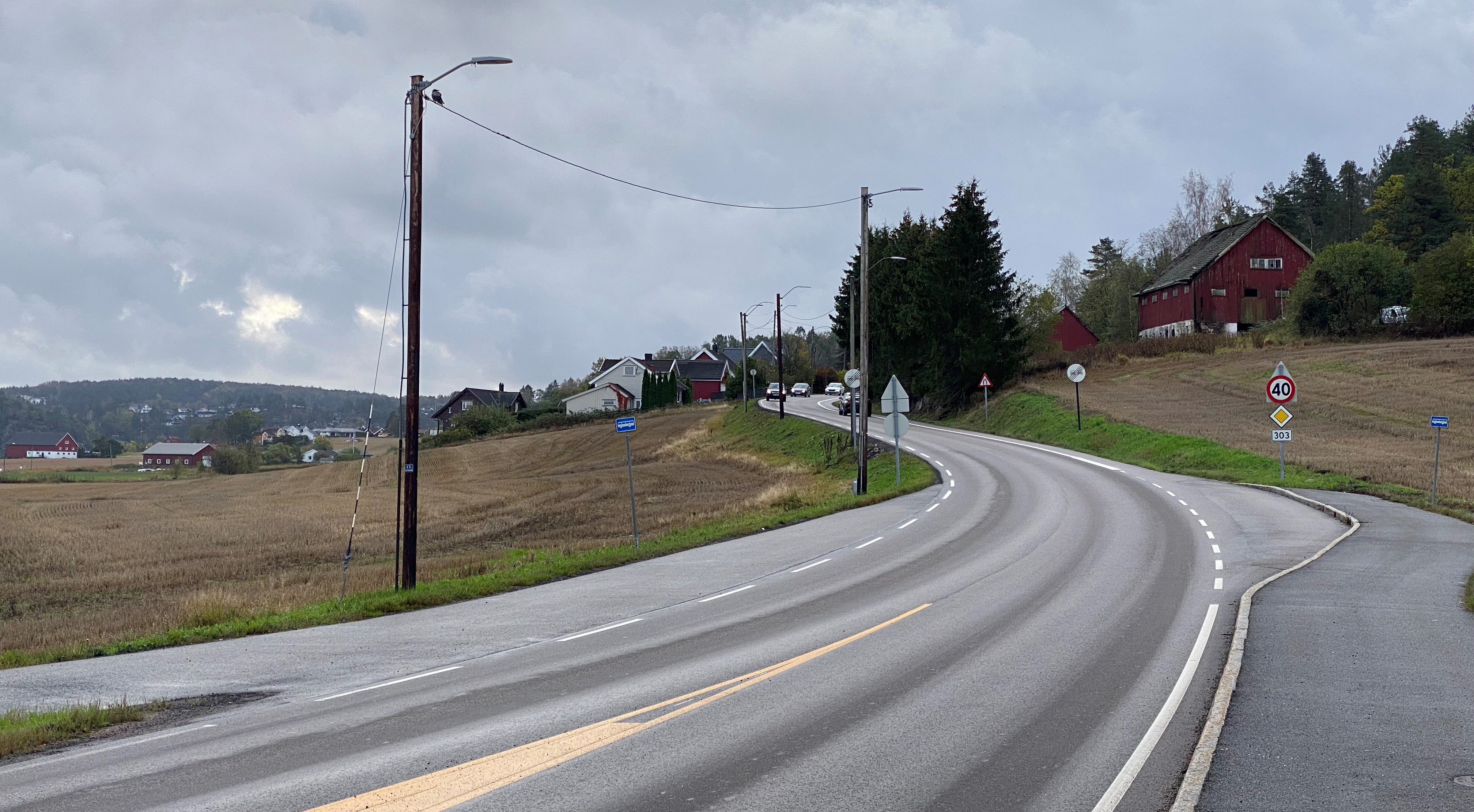 Viser Hogsnesbakken, som svinger inn fra ytterkanten av bildet. Noe av bebyggelsen i bakken er synlig i bildets bakkant.