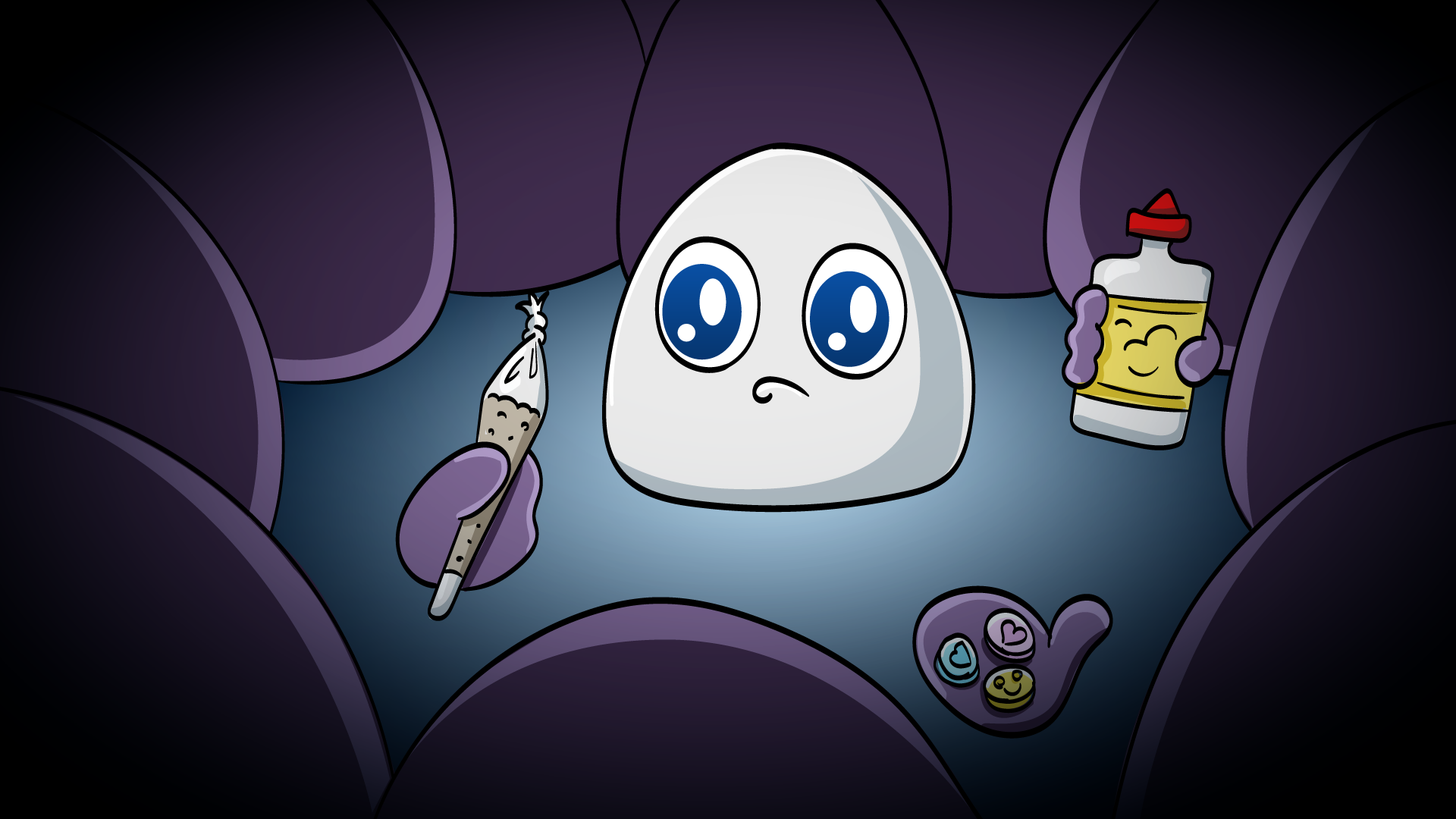 En undrende figur omringet av lovlige og ulovlige rusmidler