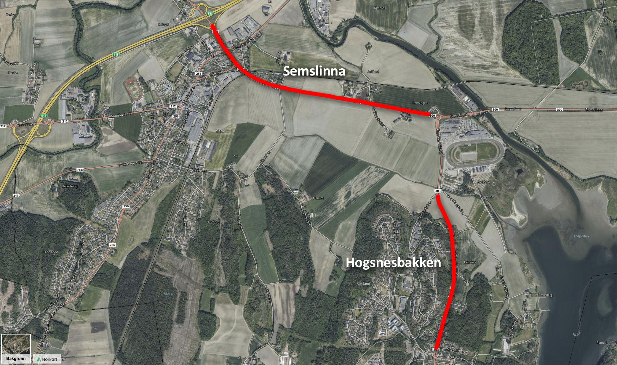 Kart med bypakke-prosjektene Semslinna (fv 300) og Hogsnesbakken (fv 303) tegnet inn med rød strek