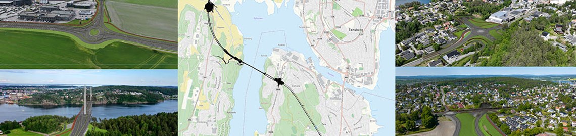 Montasje med skisser av ulike deler av Fastlandsforbindelsen knyttet til et kart