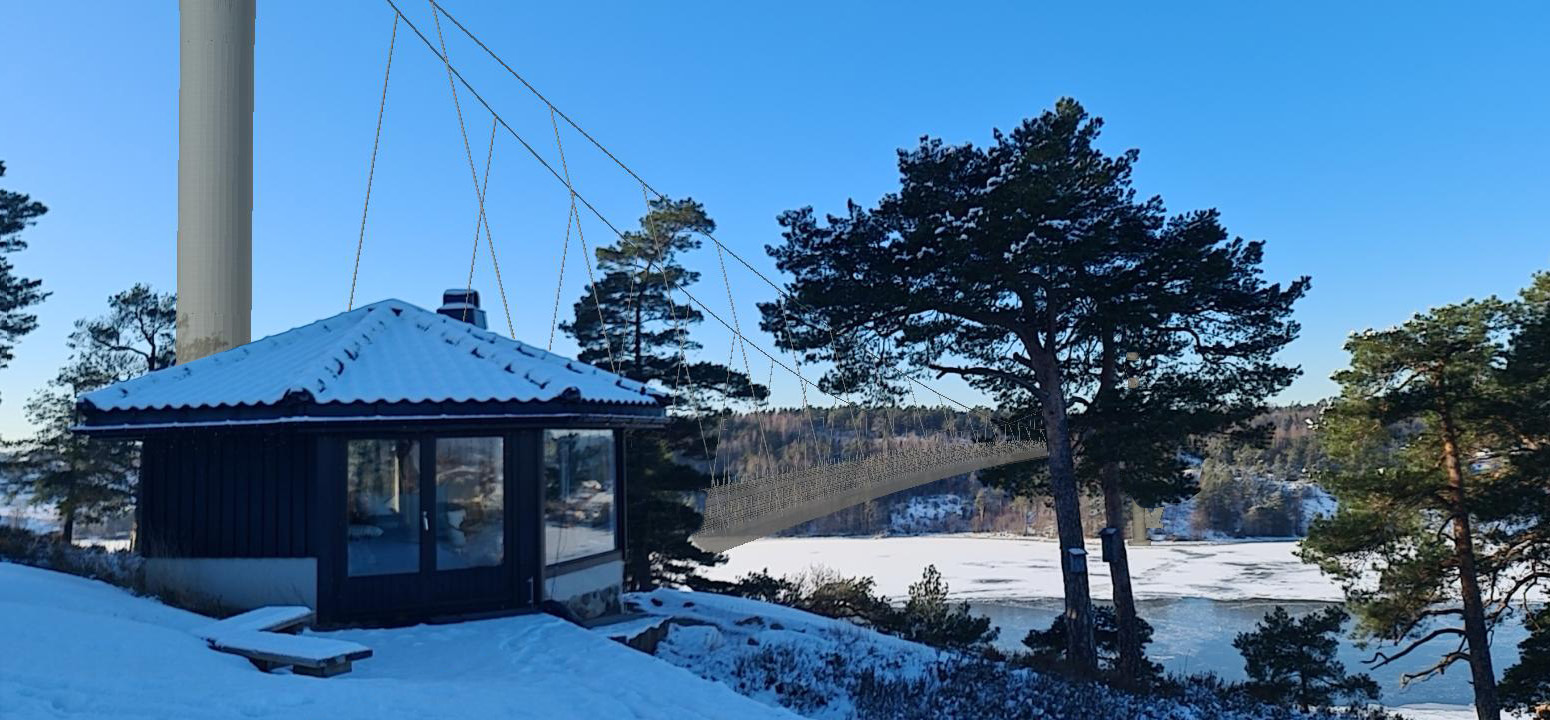Illustrasjon av tenkt bru med monotårn over Vestfjorden fra Ramberg