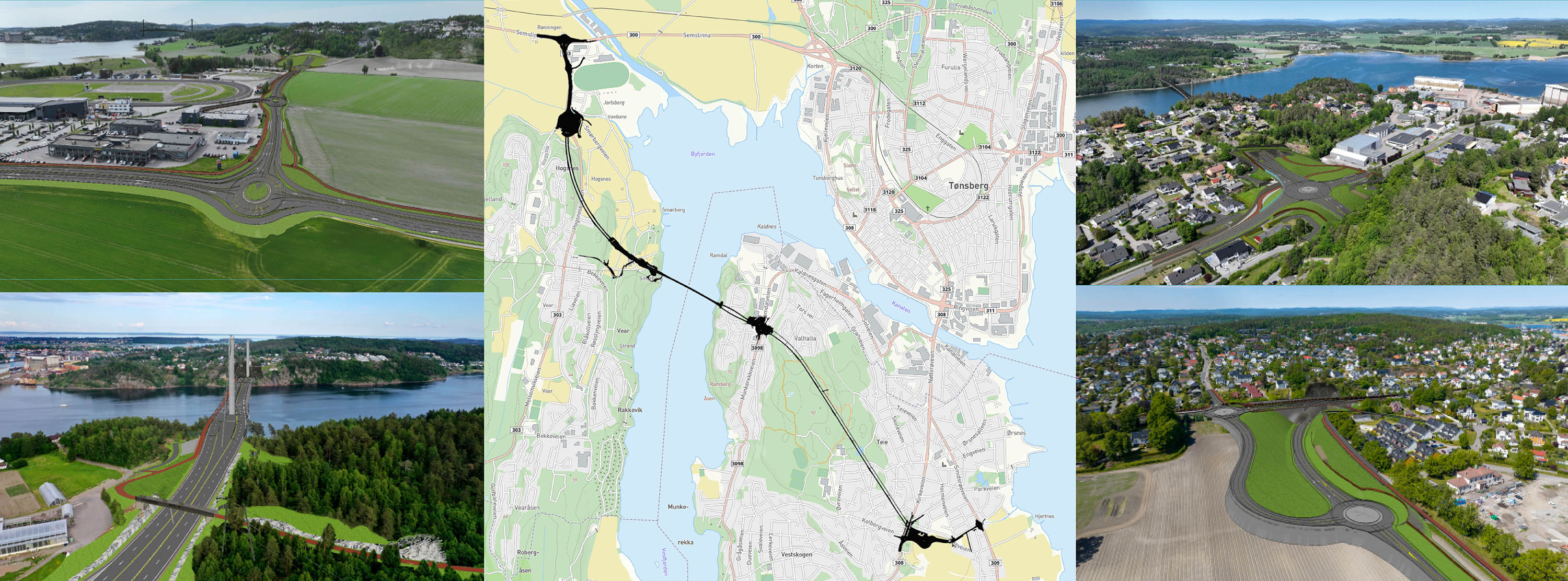 Illustrasjon som viser hele Fastlandsforbindelsen med tilhørende veiløsning på begge sider av brua.