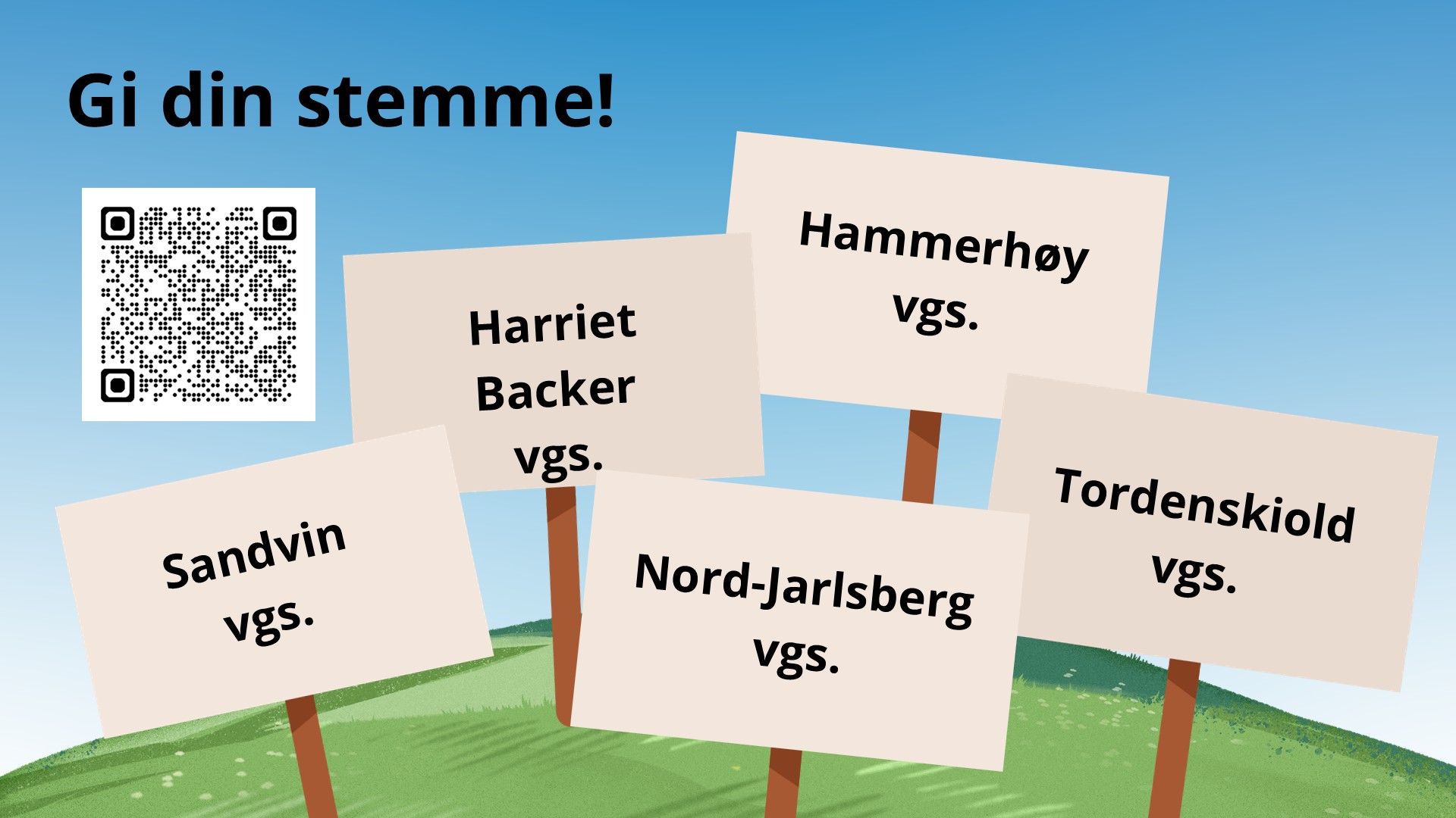 Tegning av fem plakater som står på en ås, og fem forskjellige navn på hver sin plakat. QR kode til der du kan stemme.