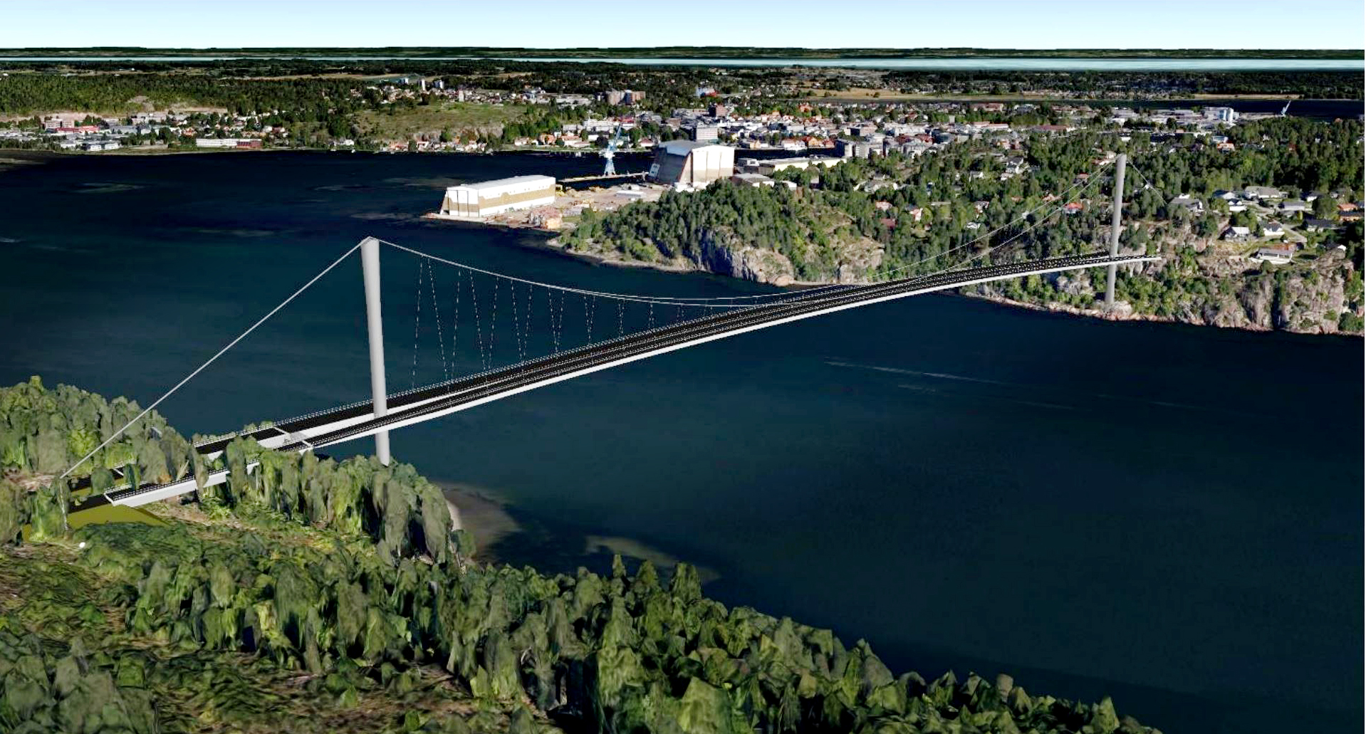 Illustrasjon av en tenkt ny fastlandsforbindelse med bru over Vestfjorden