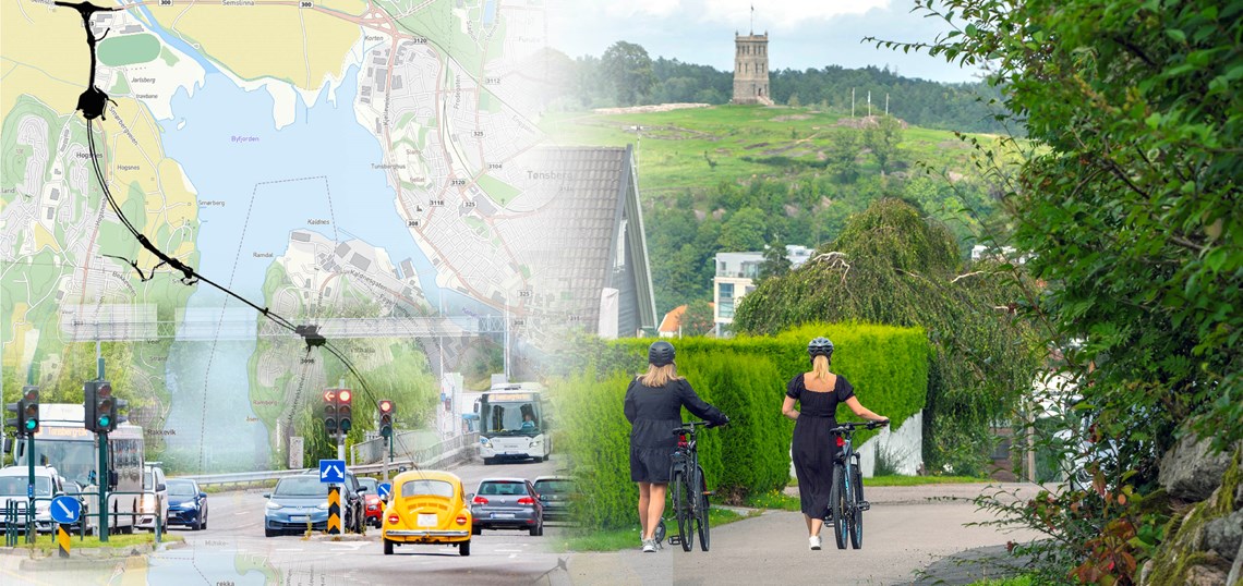 Kollasj med biler i trafikk, kart over fastlandsforbindelsen og to unge kvinner som triller sykkel med Slottsfjellet i bakgrunnen.