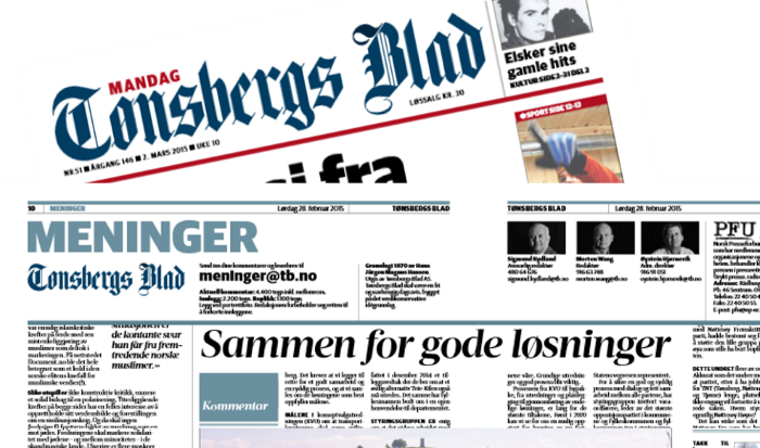 Kollasje av avisklipp fra Tønsbergs Blad februar 2015