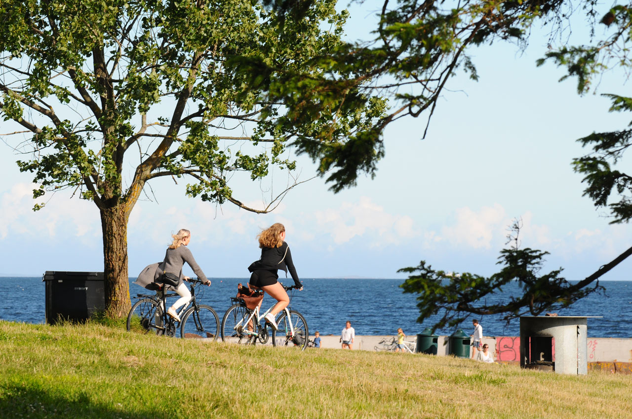 Foto av syklister og personer på Ringshaugstranda i Tønsberg kommune