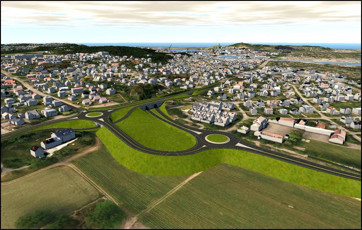 3D-modell av et tenkt alternativ 2 for en kryssløsning på Kolberg i forbindelse med Fastlandsforbindelsen