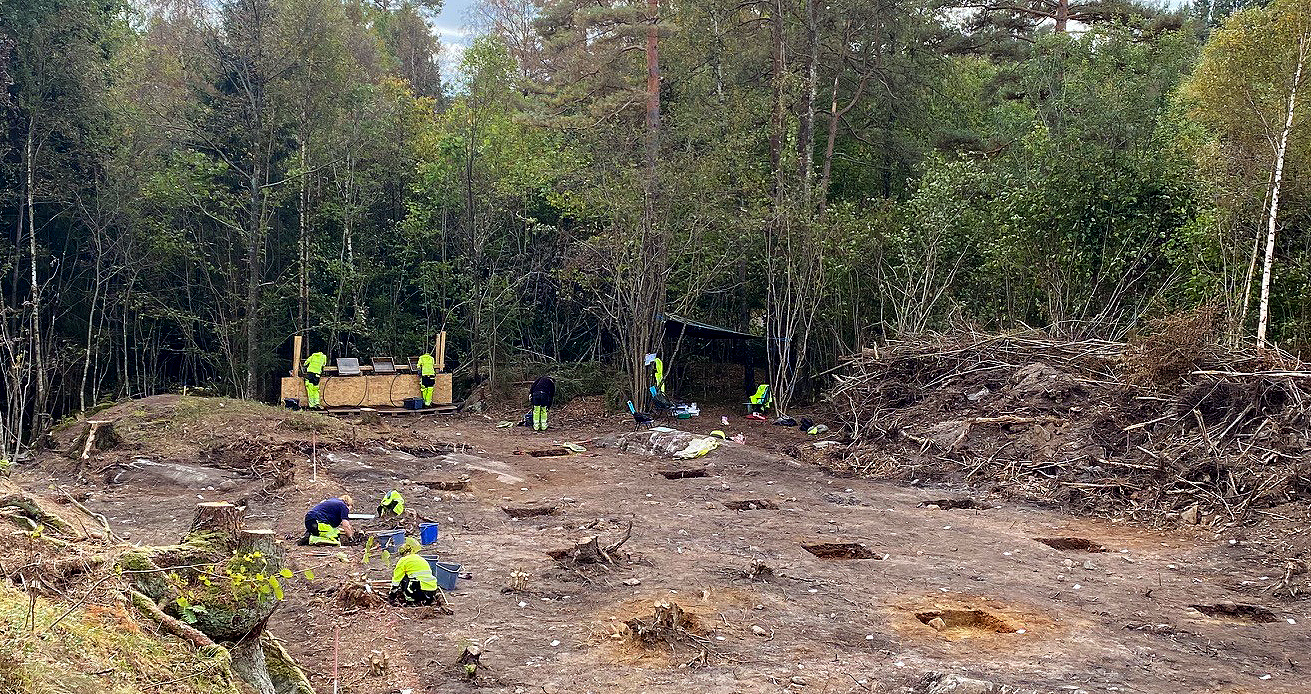 Åtte personer jobber over et spredt område. Det er gravd i jorda etter et rutesystem, der de forskjellige konsentrerer seg om hvert sitt hull.