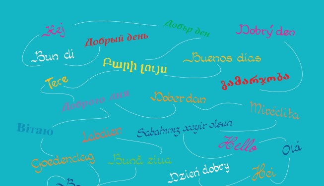 Turkis plakat hvor det står "Hei" på ulike språk.